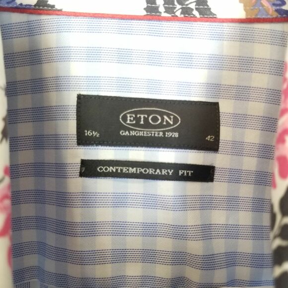 Eton Mens Gingham Dress Shirt Floral Cuffs Size 42 Formal Wedding Career Office - Picture 5 of 7